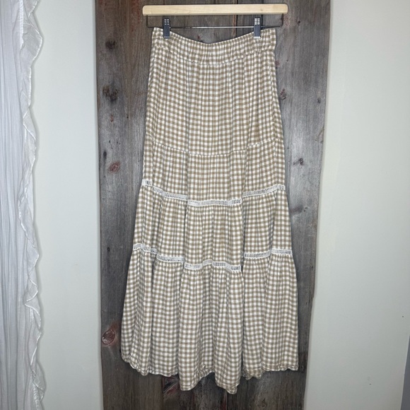 Madewell Gingham Tiered Linen Blend Maxi Skirt Tan Cream XS - Picture 3 of 11